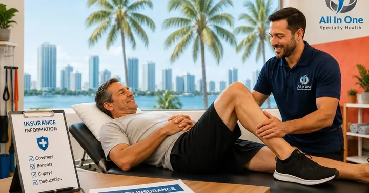 Physical therapist guiding a patient through rehabilitation exercises in a clean Miami Gardens clinic